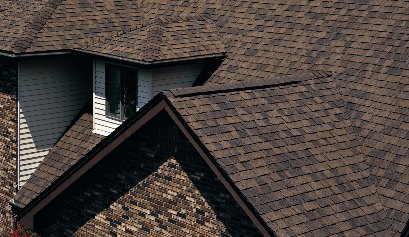 Dark brown shingle roof on brick house